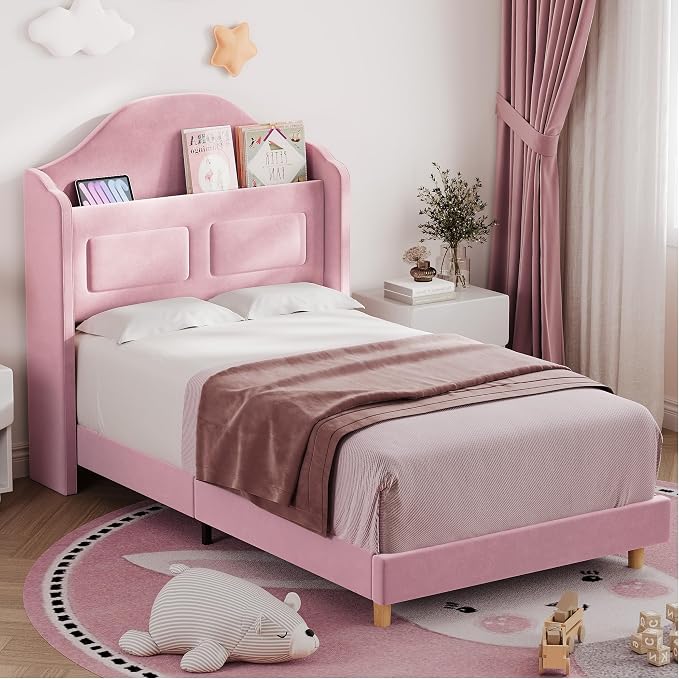 Garveehome Twin Bed Frame for Kids, Upholstered Velvet Princess Platform Bed for Boys/Girls with Wingback, Storage Bookcase Headboard & LED Light, No Box Spring Needed, Noise-Free, Easy Assembly, Pink