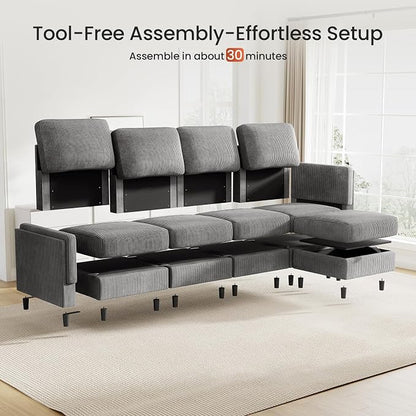 KKL Modular Sectional Sofa Bed with Storage Ottoman, Convertible L/U-Shaped Sleeper Couch for Living Room, Modern Reversible Design(Grey,5 Seater L Shape)