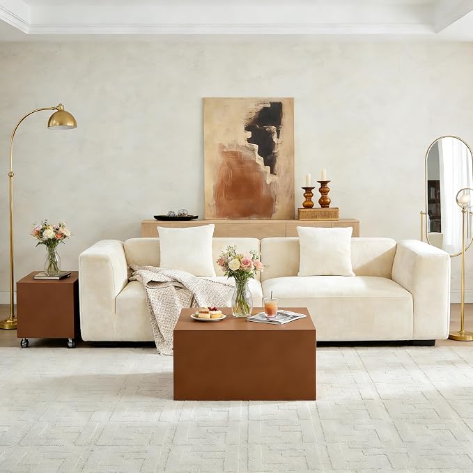 Rolling Modern Coffee Table Set of 2 with Wheels, Leather Square Coffee Table and End Table Sets, Minimalist Center Table, Luxury Wooden Cube Side Table for Living Room Bedroom Apartment,Brown