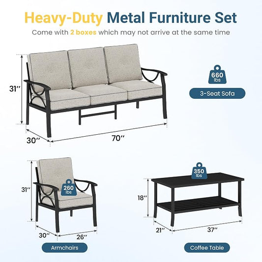 Outdoor Patio Furniture Set, 5 Seats Outdoor Patio Set with 4" Thick Cushion, All-Weather Metal Patio Sofa with Coffee Table, Outdoor Sectional Furniture for Porch Backyard Deck Yard, Black&Beige
