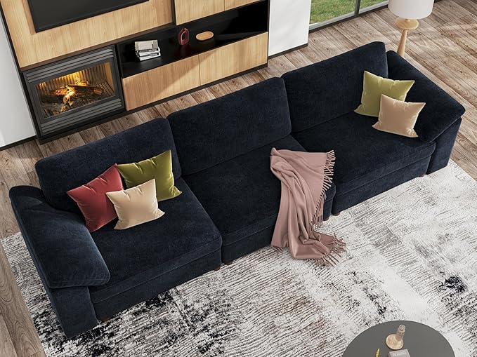 EASE MOOSE Modern 3 Seat Sectional Modular Sofa, Comfty Deep Seat Couch for Living Room,Solid Wood Frame Sofa,Blue