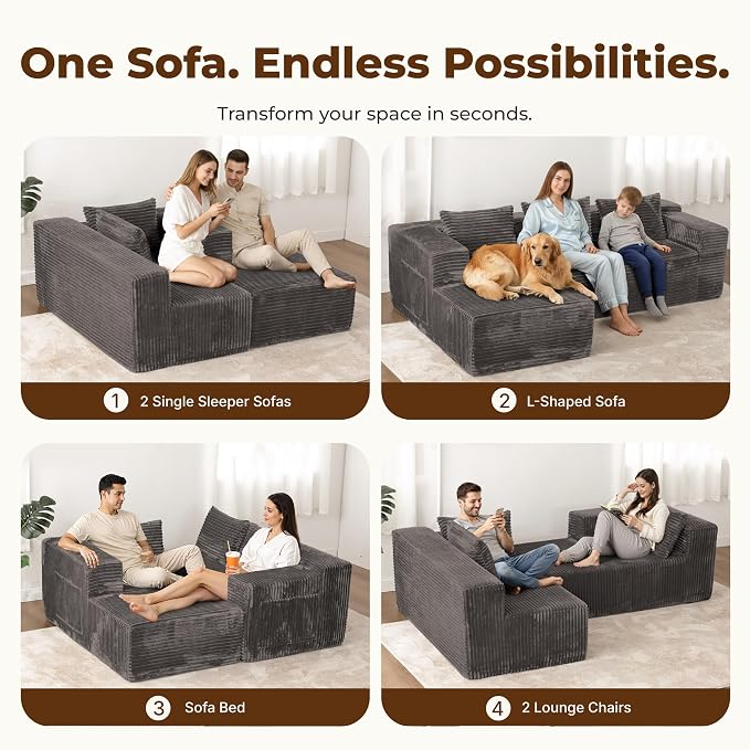 Modular Sectional L-Shaped Sofa with Deep Seat, Modern Boneless Comfy Corduroy Fluffy Couch with Side Pockets and Anti-Slip & Floor-Friendly Bottom for Living Room, No Assembly, Dark Grey