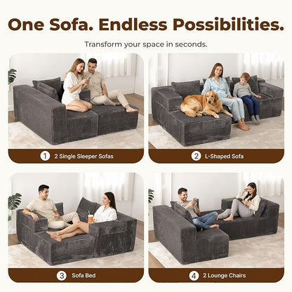 Modular Sectional L-Shaped Sofa with Deep Seat, Modern Boneless Comfy Corduroy Fluffy Couch with Side Pockets and Anti-Slip & Floor-Friendly Bottom for Living Room, No Assembly, Dark Grey