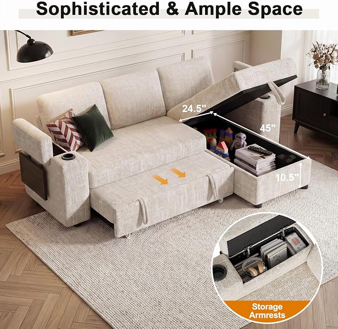 Vipbear Premium 86" Modular Sectional Sleeper Sofa, 3 Seat Chenille Sofa with Pull Out Bed, L Shaped Couch with Storage Chaise & Armrests|USB Ports|Cup Holders|Side Table, White
