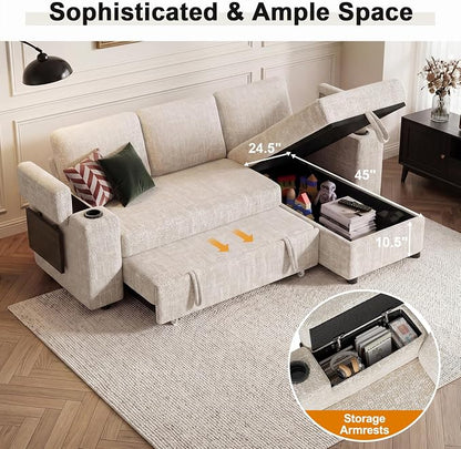 Vipbear Premium 86" Modular Sectional Sleeper Sofa, 3 Seat Chenille Sofa with Pull Out Bed, L Shaped Couch with Storage Chaise & Armrests|USB Ports|Cup Holders|Side Table, White