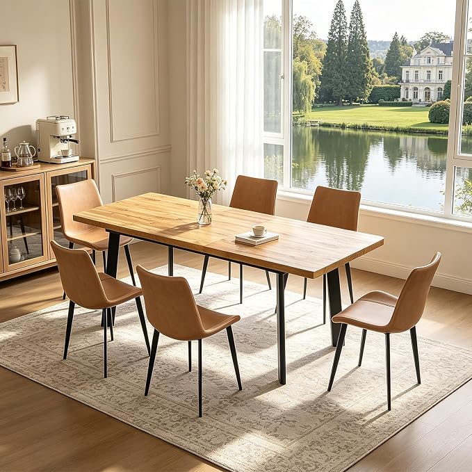 Extendable Dining Table Set for 6 to 8 People, 63" to 78.7" Modern Kitchen Table Set with 6 Leather Chairs, MDF Dining Room Table and Chairs with Removable Extension Leaf (Walnut Table+Brown Chairs)