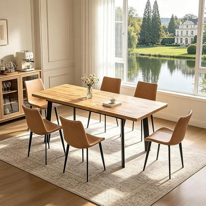Extendable Dining Table Set for 6 to 8 People, 63" to 78.7" Modern Kitchen Table Set with 6 Leather Chairs, MDF Dining Room Table and Chairs with Removable Extension Leaf (Walnut Table+Brown Chairs)