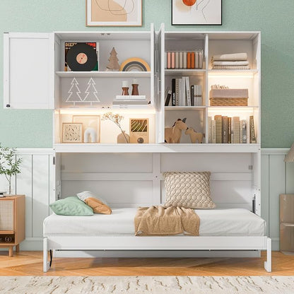 Ball & Cast Murphy Bed Twin Bed Frame with Top Cabinet,Hideaway Bedframe w/Shelves and Dual-Piston Metal Folding Mechanism,Space Saving Foldable Bed w/Light & USB,for Small Room,White