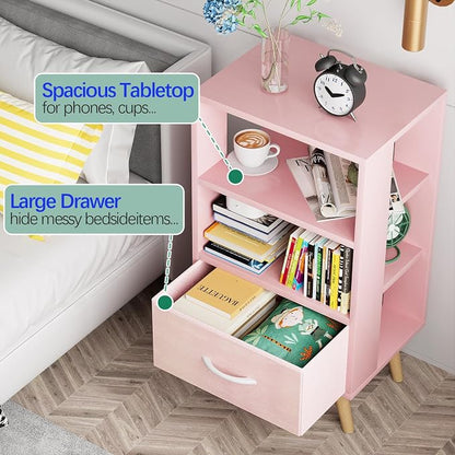 Aenuert Night Stand, Pink Nightstand with Drawer, Side Table with Open Storage, 3-Tier Modern End Table, Bedside Table for Small Space, Living Room, Bedroom