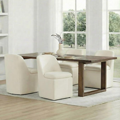 KISLOT Upholstered Dining Chairs Set of 4 with Casters, Modern Side Armless Deskchair with Washable Slipcover & Sturdy Metal Frame for Diningroom Bedroom Livingroom Reading Room, Beige Fabric