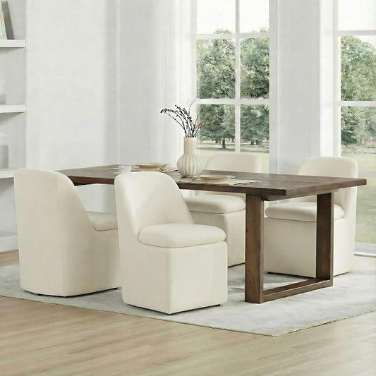 KISLOT Upholstered Dining Chairs Set of 4 with Casters, Modern Side Armless Deskchair with Washable Slipcover & Sturdy Metal Frame for Diningroom Bedroom Livingroom Reading Room, Beige Fabric