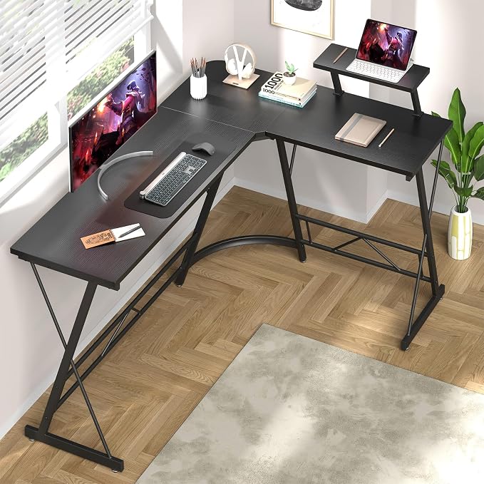 Mr IRONSTONE 63" L Shaped Computer Desk, Corner Desk, Home Office Desk, Gaming Writing Workstation with Large Monitor Stand, Easy to Assemble, Black