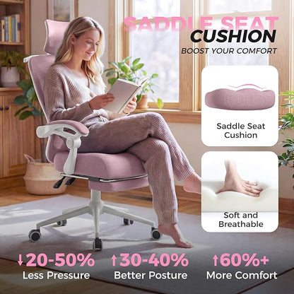 CYKOV Ergonomic Office Chair with Footrest - Adjustable Lumbar Support & Headrest, 90-135° Reclining Mesh Back Computer Chair - Home Office/Gaming, 350lbs Capacity