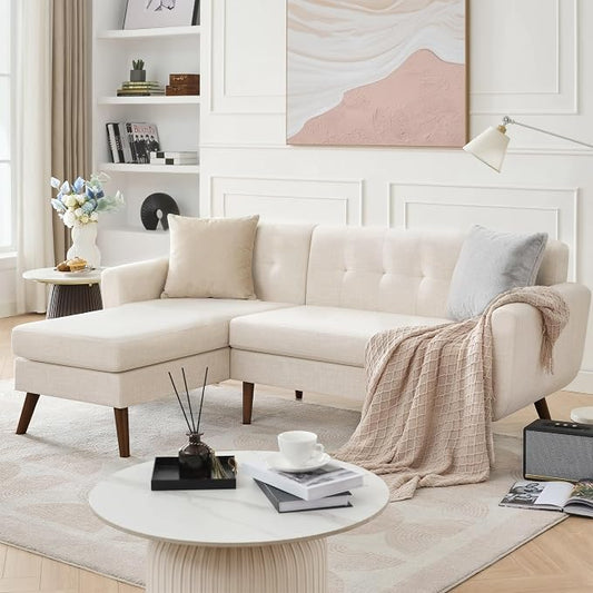 Kingfun L Shaped Couch, 80" W Mid-Century Modern Sofa, Sectional Couches, 3 Seater Sofas with Wide Chaise Lounge, Button Tufted Upholstered Sectional Sofa for Living Room, Bedroom, Beige
