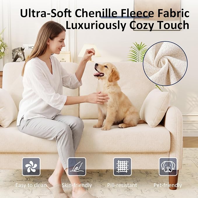 Vipbear 48" Loveseat Sofa,Modern Small Couches for Small Spaces,Beige Chenille Love Seat Couch for Living Room,Bedroom,Apartment,Office,Deep Seat,Throw Pillow,Side Pockets,Curved Armrest