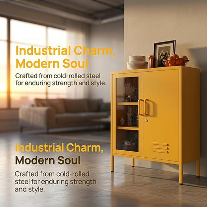 33" Tall Yellow Metal Locker Storage Cabinet with Lock Left Glass Door and Right Metal Door 2 Adjustable Shelves Steel Storage Organizer for Foyer Living Room Size：33" H X 29.5" W X 13.8" D
