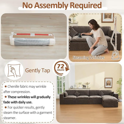 146''Cloud Boneless Sectional Couch, Modular Sectional Sofa Deep Seat with Ottoman, Oversized Upholstered Convertible Comfy 5 Seater Chenille Sofa L Shape Couches for Living Room, Brown