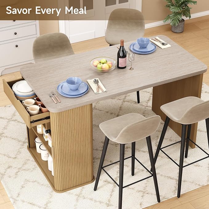ONBRILL 61 Inch Kitchen Island with Storage, Fluted Counter Height Table, Mid-Century Modern Kitchen Island Table with Sliding Door, Home Bar Tables with Wine Rack and Drawers (Travertine Color)