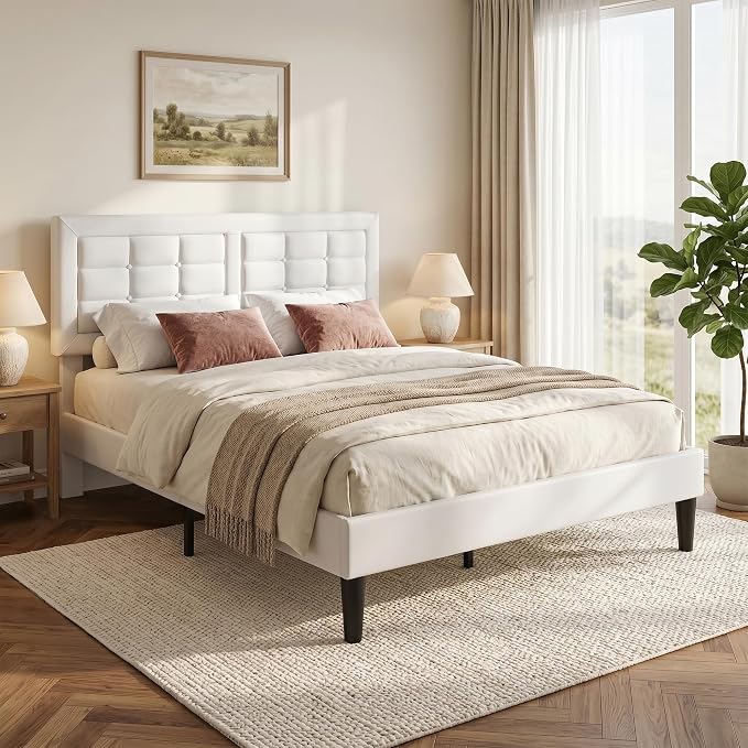 VECELO Full Size Bed Frame, Adjustable Upholstered Button Tufted Headboard, Heavy-Duty Bedframe with Wood Slats Support, No Box Spring Needed, Linen & White