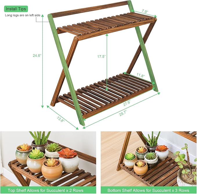 Indoor Plant Stand for Multiple Plants 2 Tier Wood Plant Shelf with Hanging | Outdoor Flower Pot Stand Holder with Planter Hanger for Yard Patio Garden Balcony Porch Living Room Corner ( Rustic X-Cross)