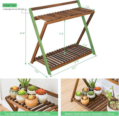 Indoor Plant Stand for Multiple Plants 2 Tier Wood Plant Shelf with Hanging | Outdoor Flower Pot Stand Holder with Planter Hanger for Yard Patio Garden Balcony Porch Living Room Corner ( Rustic X-Cross)