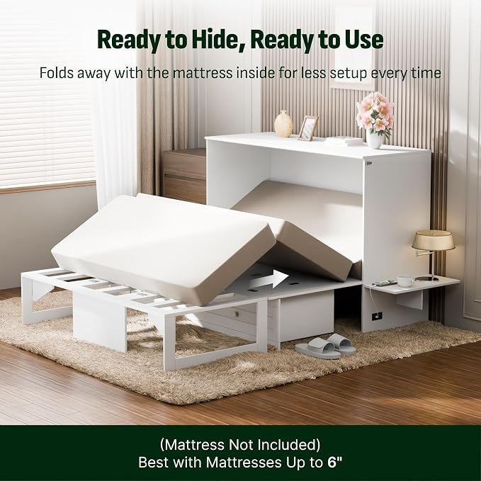 Softa Queen Murphy Bed Cabinet with Storage Drawer & Charging Station, 1200 LBS Heavy Duty Wood Wall Bed with Fold-Down Desk for Guest Room & Home Office, No Box Spring Needed