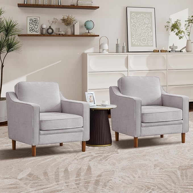Kingfun Accent Chair Set of 2, Living Room Chairs, Mid Century Reading Armchair, Chenille with Solid Wood Foot, Upholstered Modern Decor for Bedroom, Apartment