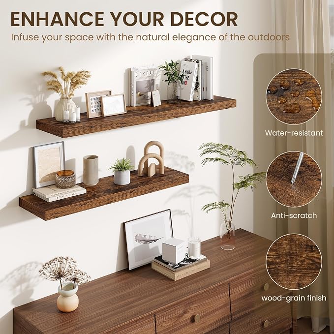 Fun Memories Floating Shelves for Wall, 32 Inch Long Floating Shelves Set of 2, 32 x 10 Wooden Shelves for Wall, Large Storage Shelves, Hanging Shelves for Bathroom Kitchen Bedroom, Rustic Brown
