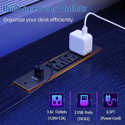 Furologee 61" Gaming Desk with Power Outlets & LED Lights, Reversible Computer Desk with File Cabinet & Monitor Stand for Home Office, Large Work Table with Storage Shelves & Drawer, Black