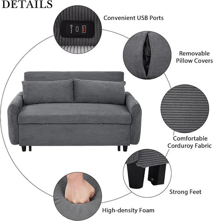 ERYE 57.5-Inch Loveseat Sofa with Pull Out Sleeper Couch Bed, Comfy Corduroy Upholstered Love Seat Sofa Convertible Sleeper Sofabed,Lounge Recliner Chaise Daybed | USB Charging Ports