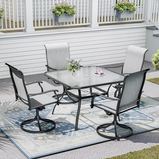 Outdoor Patio Set, 37" Square Glass Dining Table and 4pcs Swivel Chairs, All-Weather Patio Furniture Set with 1.7" Umbrella Hole for Garden Backyard Lawn Poolside