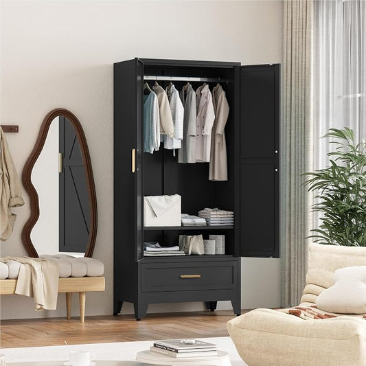 Washsemba 71'' Black Farmhouse Metal Wardrobe Cabinet with Hanging Rod, 2 Barn Door Wardrobe Closet with Adjustable Shelves,Drawer,for Dining Room,Bedroom,Living Room, Cloak Room,Office