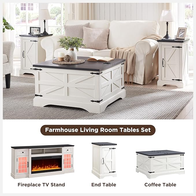 JXQTLINGMU Farmhouse Lift Top Coffee Table with Large Storage, 36" Square Wood Living Room Table with Hidden Compartment, Lift Tabletop Dining Table for Home, White