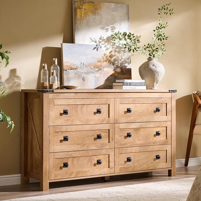 T4TREAM 54" Wide Farmhouse 6-Drawer Dresser for Bedroom, Light Knotty Oak | Rustic, Wood Storage Cabinet, Metal Handle, Unique Corner Accent, Bedroom, Living Room, Hallway