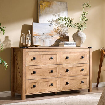 T4TREAM 54" Wide Farmhouse 6-Drawer Dresser for Bedroom, Light Knotty Oak | Rustic, Wood Storage Cabinet, Metal Handle, Unique Corner Accent, Bedroom, Living Room, Hallway