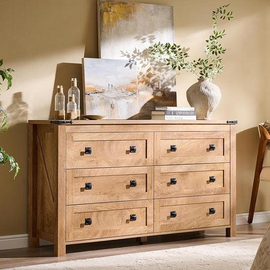 T4TREAM 54" Wide Farmhouse 6-Drawer Dresser for Bedroom, Light Knotty Oak | Rustic, Wood Storage Cabinet, Metal Handle, Unique Corner Accent, Bedroom, Living Room, Hallway