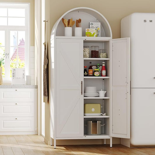 Metal Arched Pantry Cabinet with 6 Adjustable Shelves,Tall Arched Cabinet with 2 Doors for Kitchen, Home,Required Assembly,White,72.8" H x 30.7" W x 15.4" D.