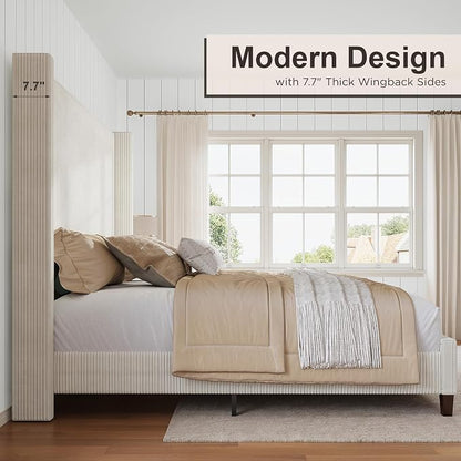 HOWE King Size Bed Frame with 61.4" Extra Tall Headboard, Corduroy Upholstered Bed with Vertical Wingback Headboard, No Box Spring Needed/Noise Free/Solid Wood Slats & Legs/Cream