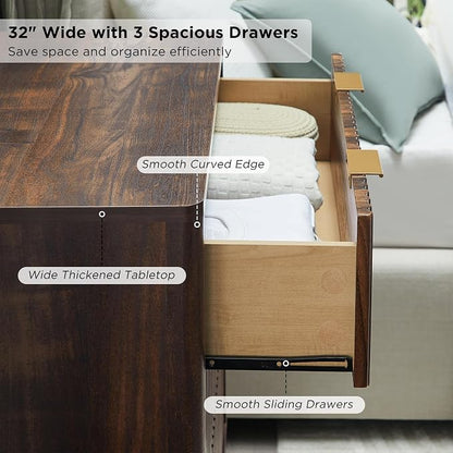 T4TREAM Fluted 3 Drawers Nightstand, Oversized Extra Large Modern Side Table, End Table Bedside for Bedroom, Living Room, Curved Profile Design, Dark Walnut