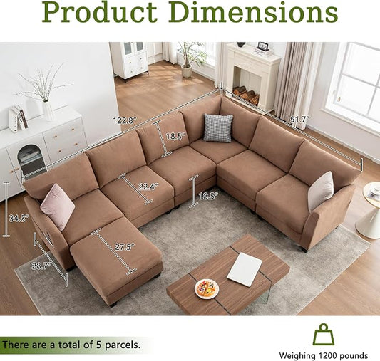 122.8" Large Sectional Couches for Living Room, 6 Seater L Shaped Modular Sectional Sofa with Storage Ottoman & USB, Oversized Corner Couch for Living Room（Brown）