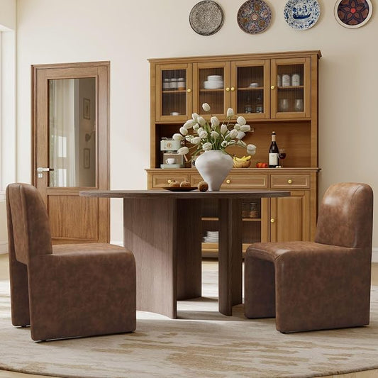 Hyfirm Set of 2 Mid-Century Modern PU Leather Dining Chairs No Assembly Required, Fully Upholstered Armless Accent Side Chairs with Metal Footrest and Solid Backrest for Living Room, Bedroom, Study