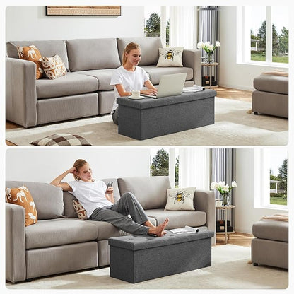 DUMOS 43 Inch Folding Storage Ottoman Bench, Spacious Hidden Organizer with Foam Cushioned Top, End of Bed Foot Rest Stool for Bedroom Living Room Entryway, Supports Up to 660 LBS, Linen Fabric, Gray