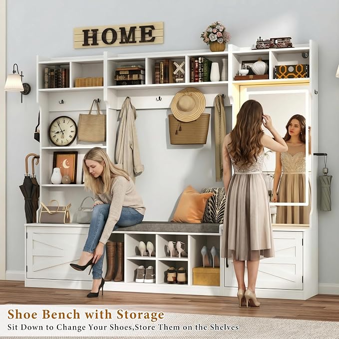 86.6''W Extra Large Farmhouse Hall Tree with Mirror Bench and Shoe Storage,Entryway Bench with Coat Rack,6 Shoe Cubbies & Umbrella Holder and Storage Cushioned Stool,Mudroom/Hallway Storages Cabinet