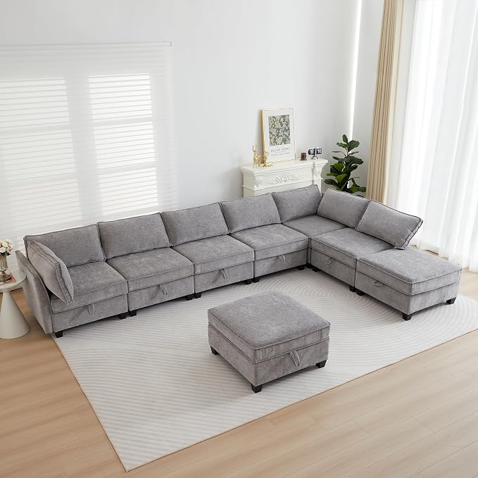 ORRD Sleeper Modular Sectional Sofa Set, Convertible Couch Bed with Storage, 4 Seater and 2 Armrestes Sofa Modular for Living Room, Office (Grey)