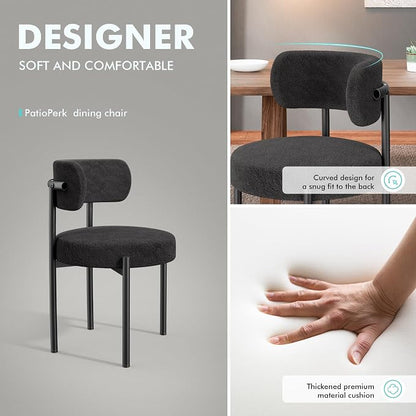 PatioPerk Boucle Dining Chairs Set of 2, Black Mid Century Morden Chair with Curved Backrest, Round Upholstered Sherpa with Metal Legs, Suitable for Various Kitchen Styles