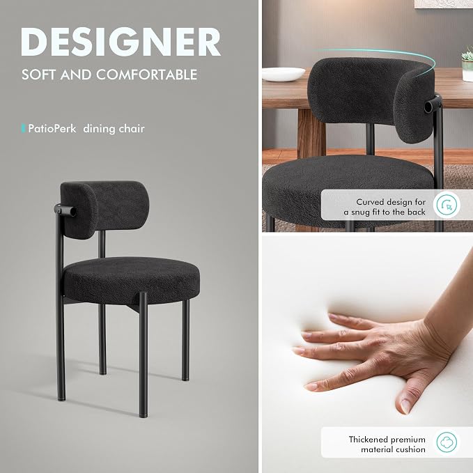 PatioPerk Boucle Dining Chairs Set of 6, Black Mid Century Morden Chair with Curved Backrest, Round Upholstered Sherpa with Metal Legs, Suitable for Various Kitchen Styles