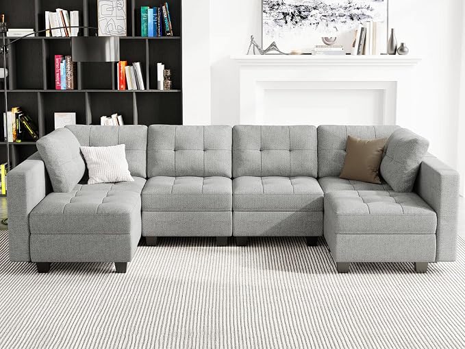 Belffin Modular U Shaped Sectional Sofa Couch with Reversible Chaises 6-seat Sectional Couch with Storage Seat Modular Sectional Set with Ottomans Light Grey