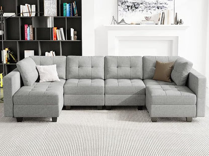 Belffin Modular U Shaped Sectional Sofa Couch with Reversible Chaises 6-seat Sectional Couch with Storage Seat Modular Sectional Set with Ottomans Light Grey