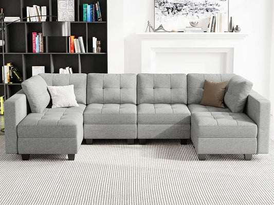 Belffin Modular U Shaped Sectional Sofa Couch with Reversible Chaises 6-seat Sectional Couch with Storage Seat Modular Sectional Set with Ottomans Light Grey