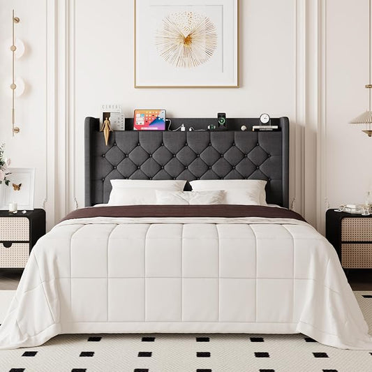 Allewie Full Size Bed Frame, Storage Headboard with Charging Station, Wingback Linen Upholstered, Diamond Stitched Button Tufted, Sturdy Wooden Slats, No Box Spring Needed, Easy Assembly, Dark Grey